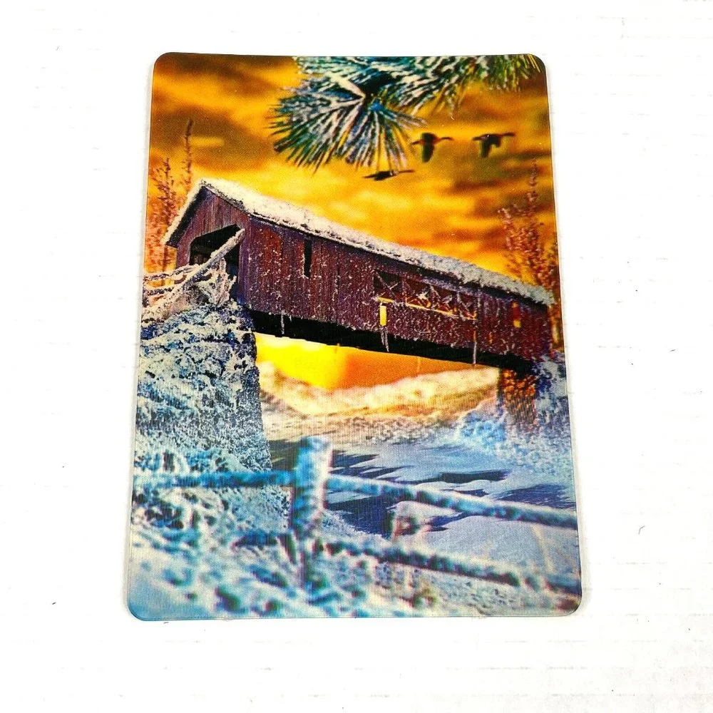 Covered Bridge Winter Nature 3-D 3D Postcard Unposted Vari-Vue 1960s Vintage